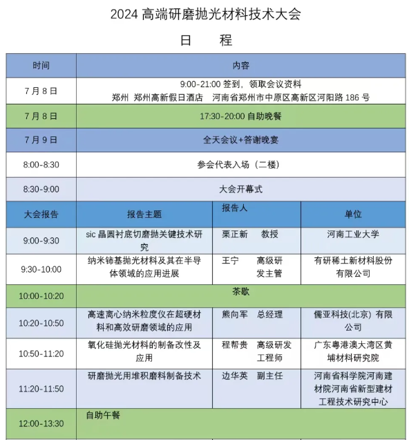 日程公布！！7月9日相約鄭州！2024高端研磨拋光材料技術(shù)大會(huì)