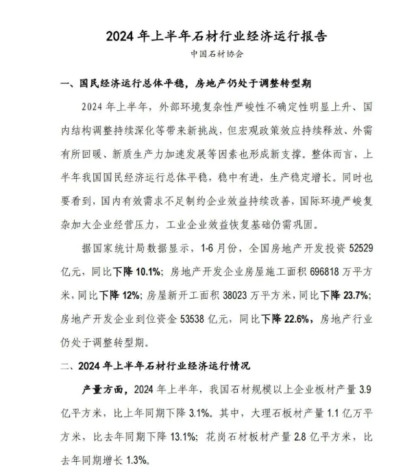 2024年半年報 | 石材行業(yè)經(jīng)濟(jì)運(yùn)行情況