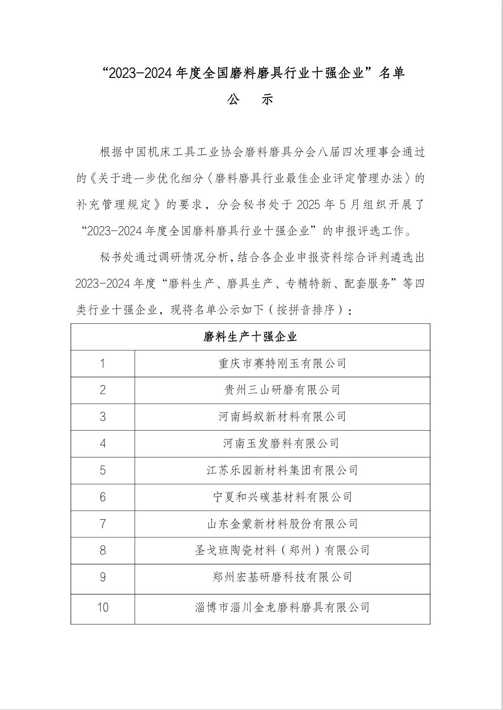 “2023-2024年度全國磨料磨具行業十強企業”名單公示